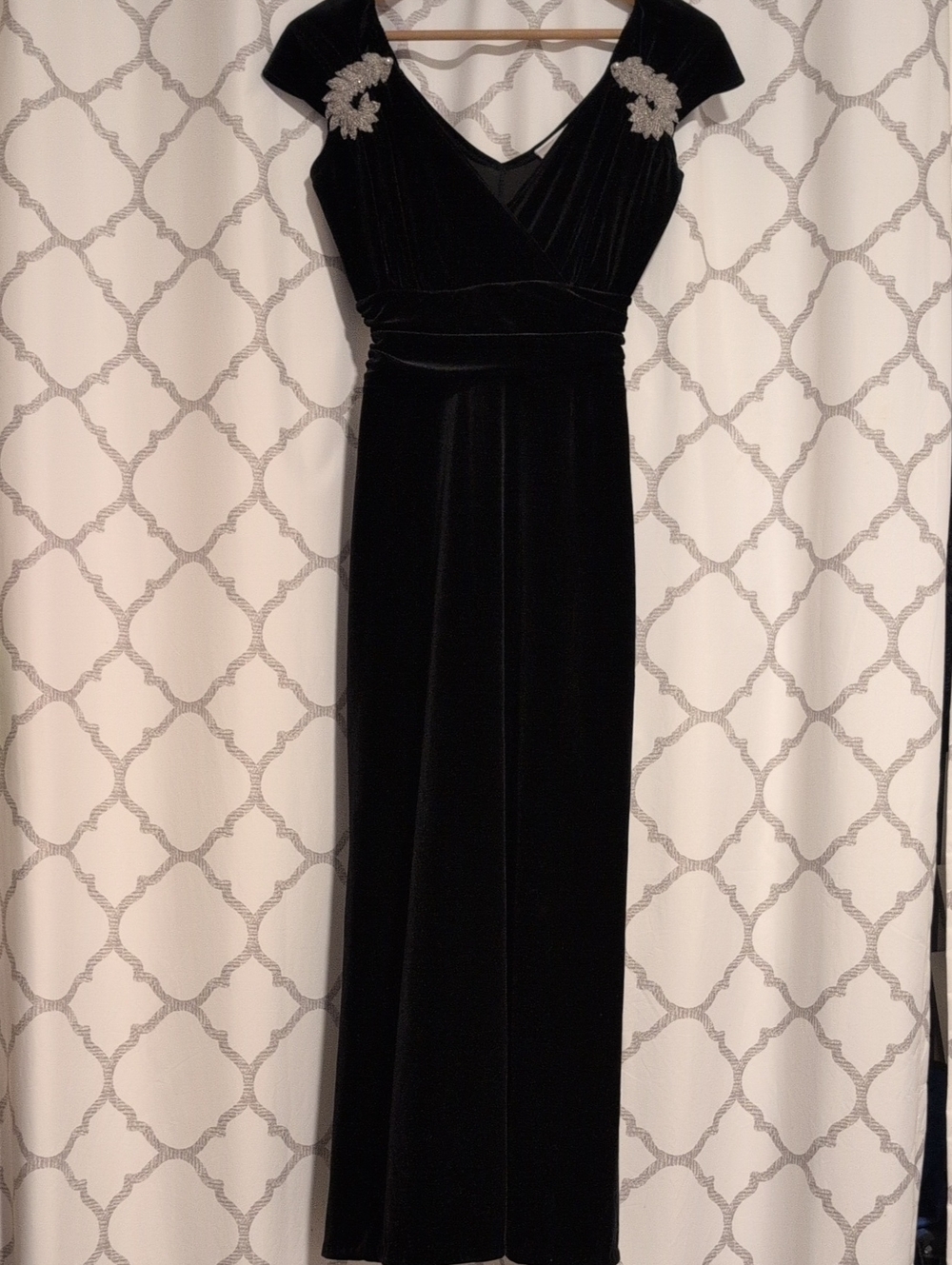 Newport News Black Velour Maxi Dress with Silver Floral Embroidered Accents
